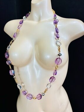 R.J. Graziano Purple Bezel Acrylic Beaded Necklace with Gold & Silver Accents